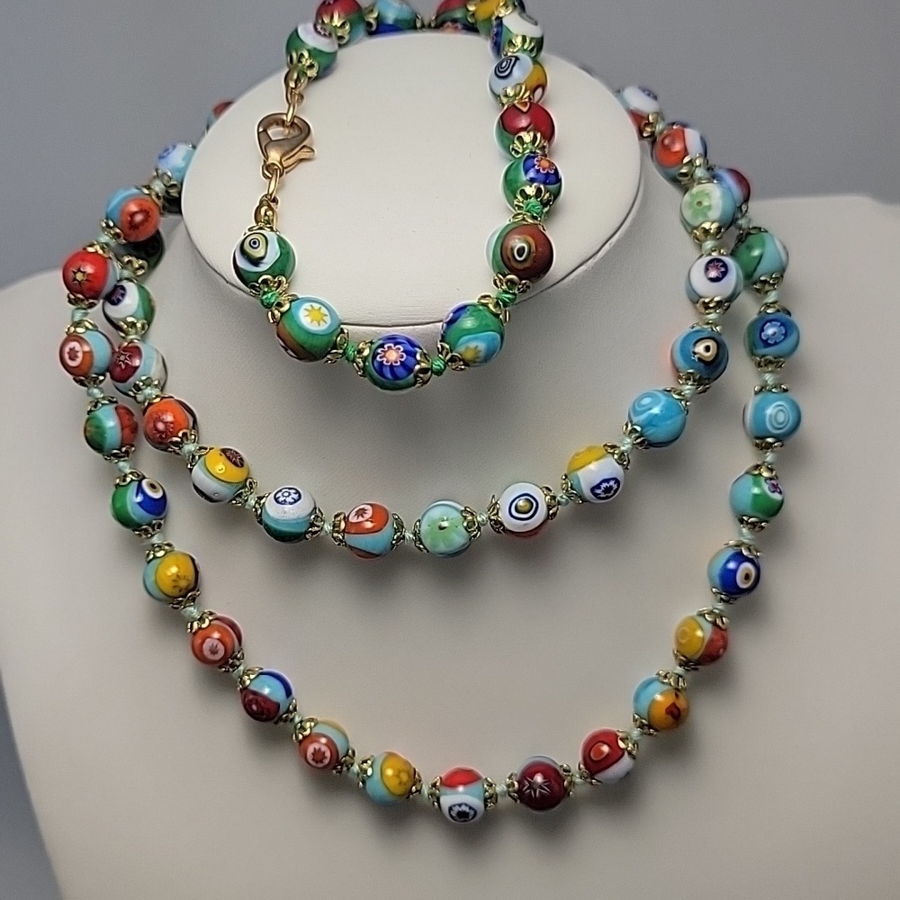 Colorful Millefiori Handmade Beaded Necklace and Bracelet Set Gold Tone Murano